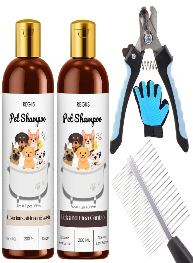 REGIIS Pet Shampoo Set with Grooming Brush, Tick and Flea Control, Luxurious All-in-One Wash, Natural Ingredients, 200 ML, 5 Pack - Image 1